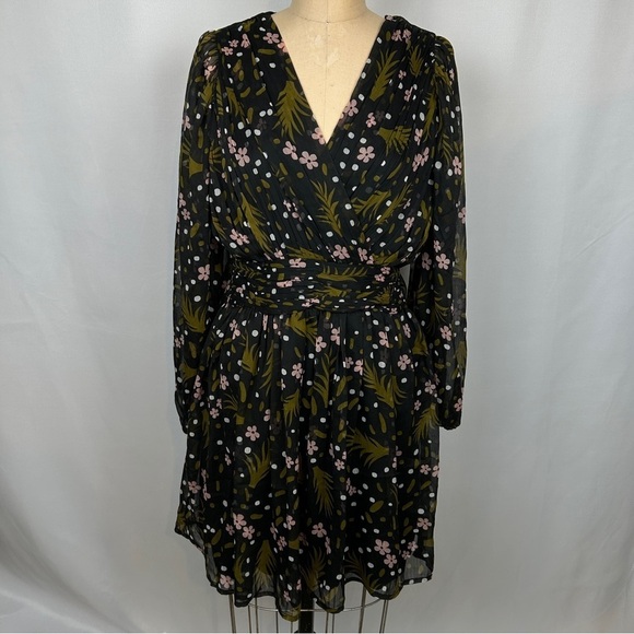 Vero Moda Black Pink Floral Sheer Long Sleeve V Neck Dress Size Medium - Picture 3 of 14